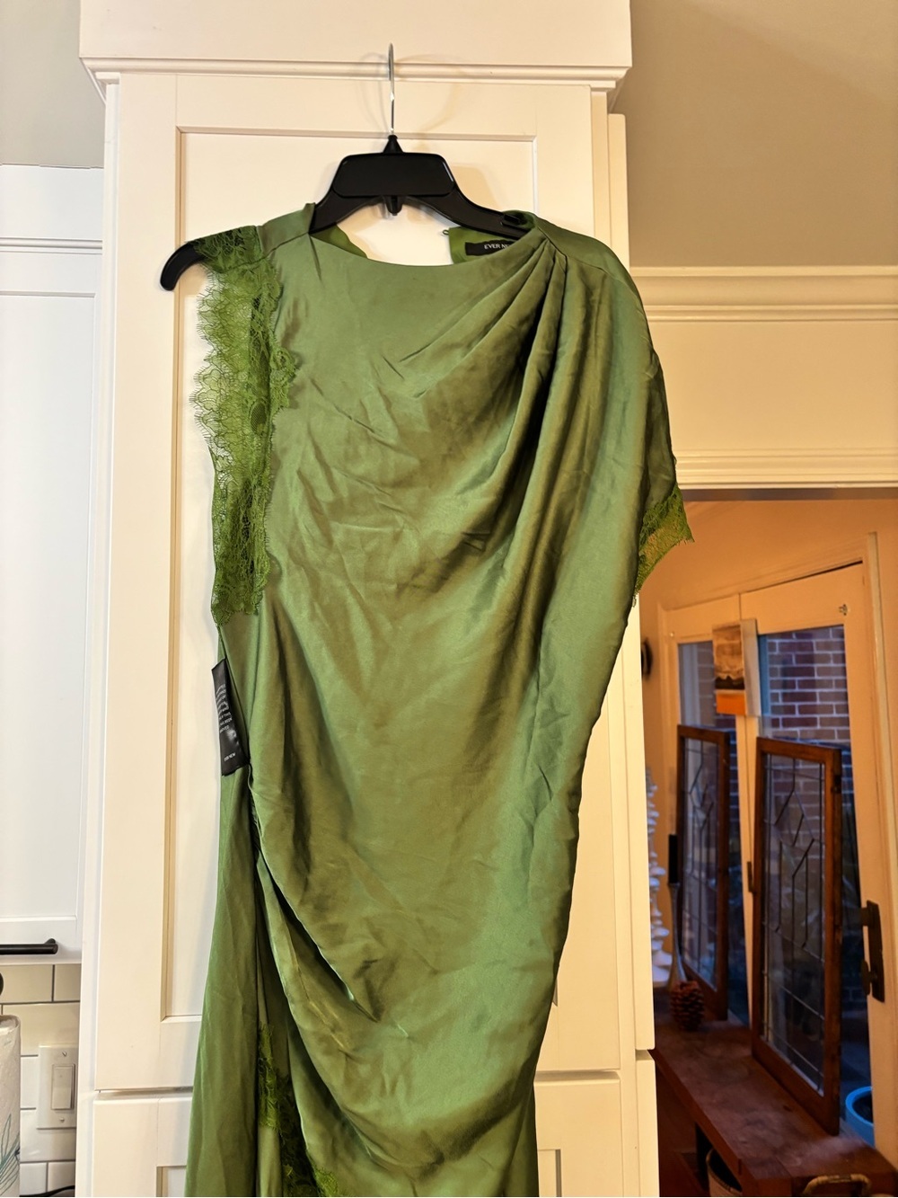 new Ever New Kody Satin Lace Asymmetric Dress maxi gown in olive green - Picture 5 of 12
